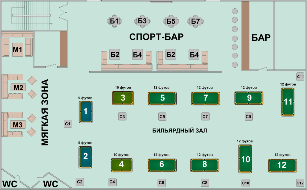 Заказ столиков по т. 41-65-41 Схема бильярдного клуба в ЗЕЛЕНОМ КВАДРАТЕ